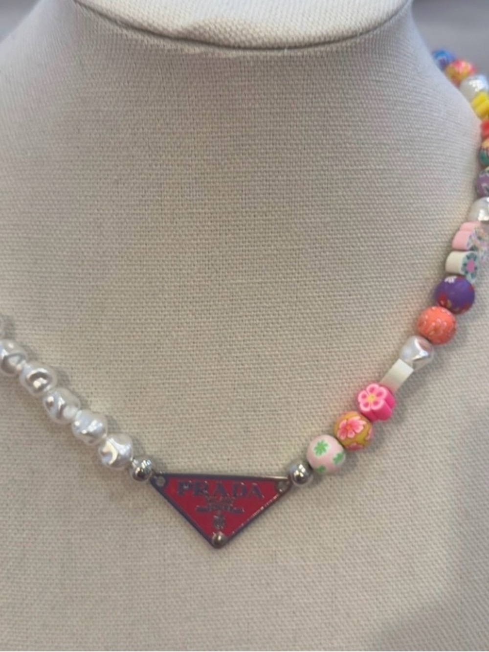Prada Colorful Floral Bead Necklace with Hot Pink/Red Logo Plaque. 21” inches